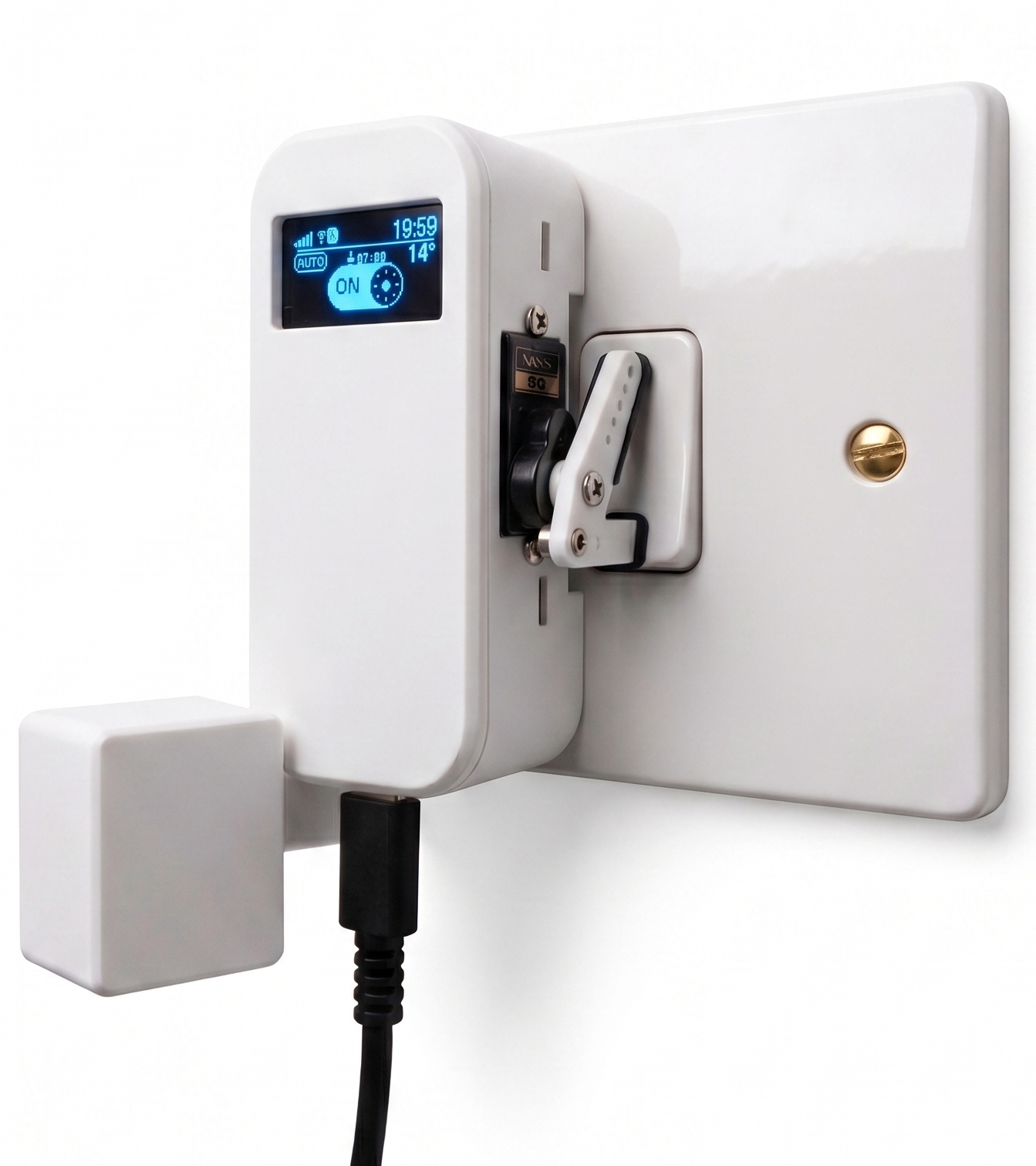 Smart light switch controller installed over a UK wall switch